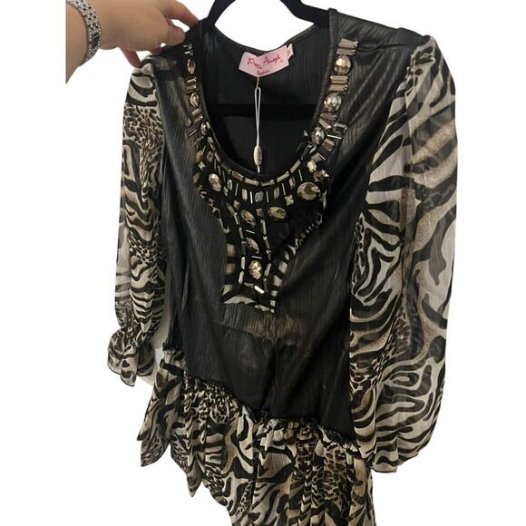 NWT Pretty Angel zebra & black top w sheer sleeves dressy beaded size M - Picture 4 of 11